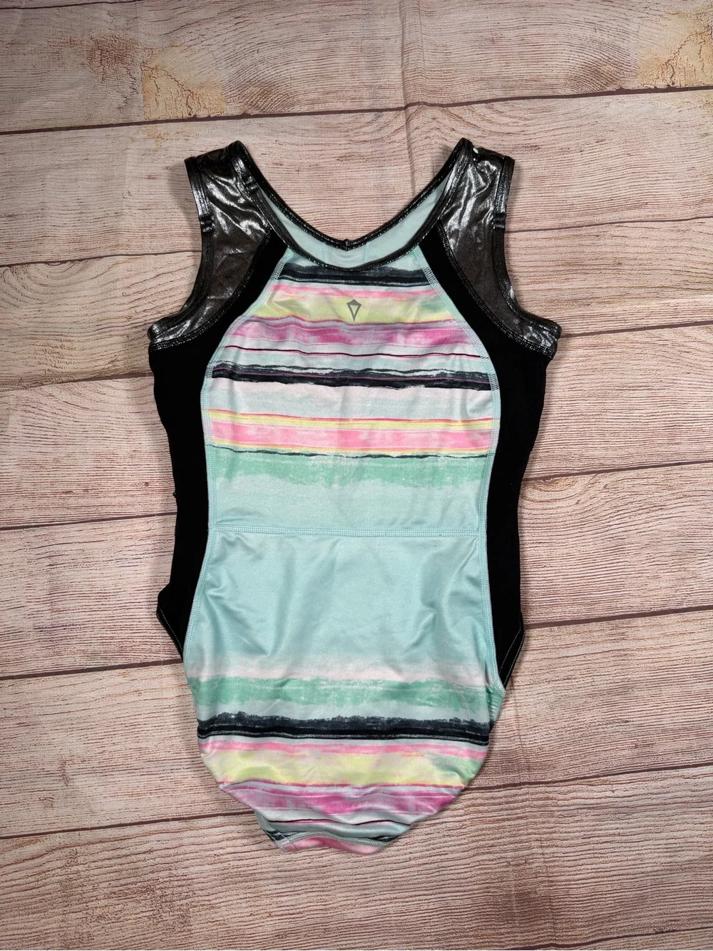 Ivivva Mint Teal Striped Dance Leotard with Black Shiny Accents